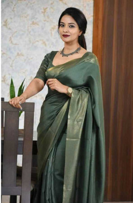 EthinicSpecial Solid/Plain, Woven Bollywood Cotton Silk Saree(Dark Green)