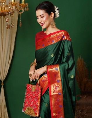 Satrani Woven, Embellished, Self Design Paithani Silk Blend Saree(Dark Green, Red)