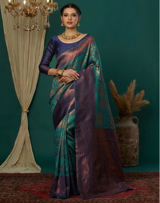 Satrani Woven Kanjivaram Silk Blend, Jacquard Saree(Green, Gold, Blue)