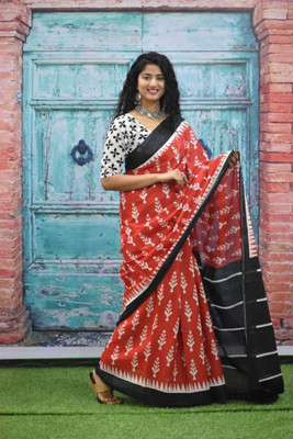 Kiaaron Printed Daily Wear Pure Cotton Saree(Red)