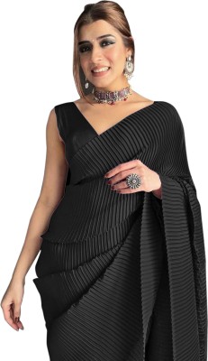 StyleDeal Striped Bollywood Satin Saree(Black)