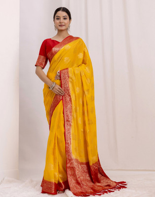 Satrani Woven, Self Design Bollywood Chiffon Saree(Red, Yellow)