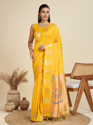 Tasrika Woven Banarasi Cotton Silk Saree(Yellow)