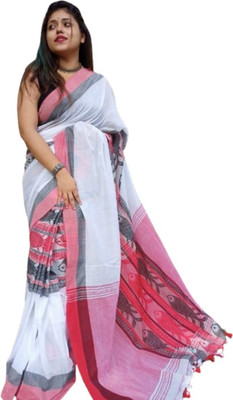 kalpana handloom Printed, Solid/Plain Handloom Pure Cotton Saree(White)