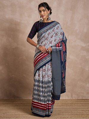 ANOUK Printed Hand Batik Viscose Rayon Saree(Cream)