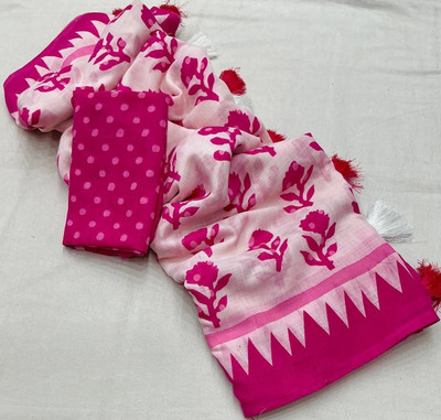 Ambaji enterprise Printed Bollywood Cotton Linen Saree(Pink)