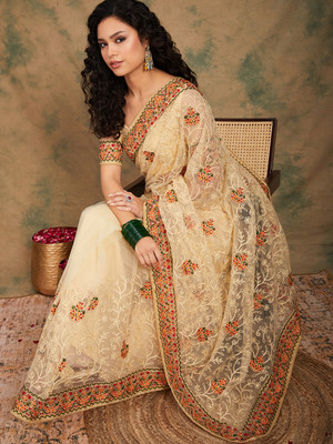 Sangria Embroidered Kalamkari Net Saree(Beige)