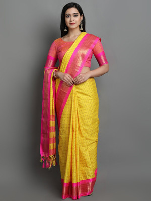 HouseOfCommon Checkered, Embellished, Self Design, Striped, Woven Mysore Cotton Silk, Jacquard Saree(Yellow, Pink, Gold)