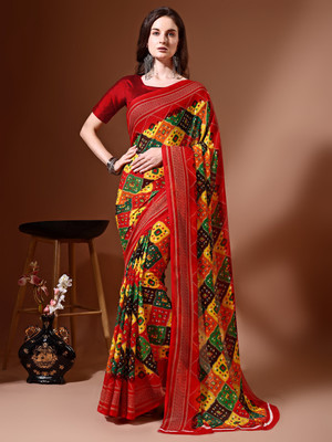 Leelavati Printed Bandhani Georgette Saree(Red, Multicolor)