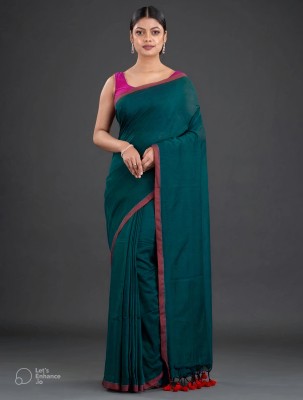 Bhadra Self Design Handloom Pure Cotton Saree(Dark Green)