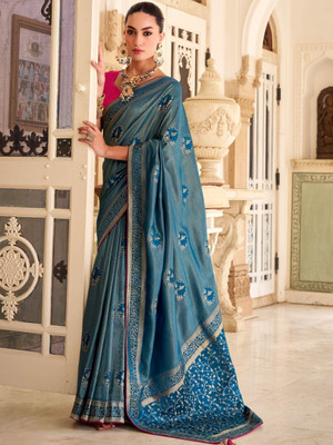 HERE&NOW Woven Banarasi Tissue Saree(Blue)