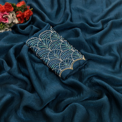 LAJEELEE Embroidered Bollywood Chiffon Saree(Dark Blue)