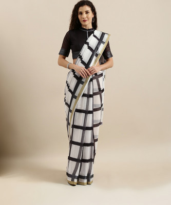 BOVTY Checkered Bollywood Linen Saree(White)