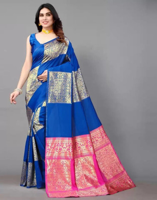 NESHVI ENTERPRISE Woven Banarasi Silk Blend Saree(Blue)