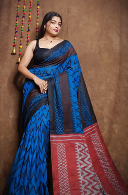 ANU INDIAN FASHION Woven Handloom Cotton Blend Saree(Dark Blue)