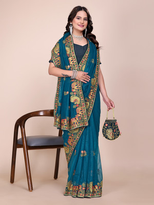 yourwish Embroidered, Embellished Bollywood Supernet Saree(Dark Green)