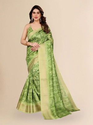 Moda Rapido Printed Bollywood Cotton Blend Saree(Green)