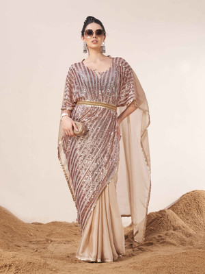 Tikhi Imli Embellished Bollywood Satin Saree(Beige)