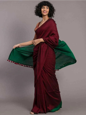 DipDiya Color Block Handloom Cotton Blend Saree(Maroon, Green)