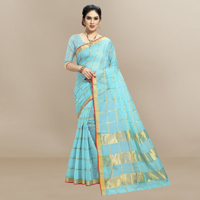 Moda Rapido Self Design, Striped, Woven Kota Doria Cotton Silk Saree(Light Blue)