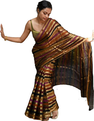 SAPTAK FASHION Striped, Solid/Plain Handloom Cotton Silk, Tissue Saree(Multicolor, Brown)