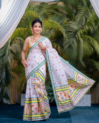 YASA CREATION Self Design Mekhela Chador Silk Blend Saree(White)