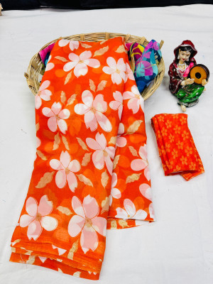 Bhuwal Fashion Floral Print Daily Wear Georgette Saree(Orange)