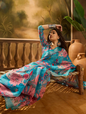 Sangria Digital Print Kalamkari Cotton Blend Saree(Blue)