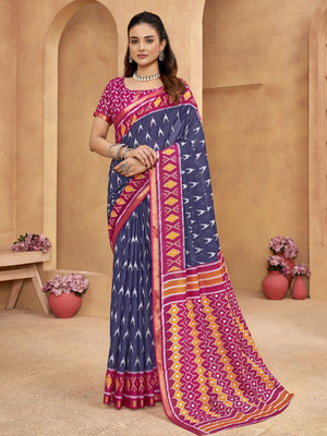 all about you Printed Ikkat Pure Cotton Saree(Blue)