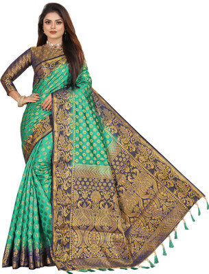 DHRUTI TEXTILES Woven Banarasi Cotton Silk Saree(Green, Blue)