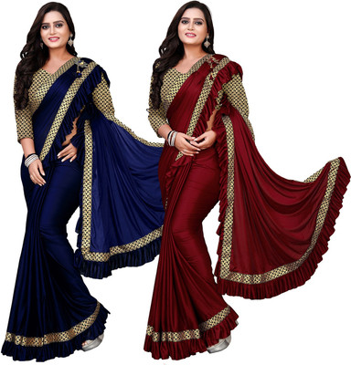 DECOFIN Woven, Solid/Plain Bollywood Lycra Blend Saree(Pack of 2, Red, Blue)
