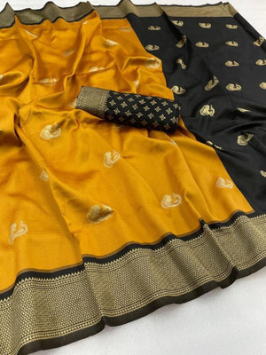 HouseOfCommon Striped Banarasi Pure Silk Saree(Yellow)