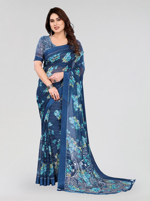 Moda Rapido Embellished, Floral Print Bollywood Georgette, Satin Saree(Blue)