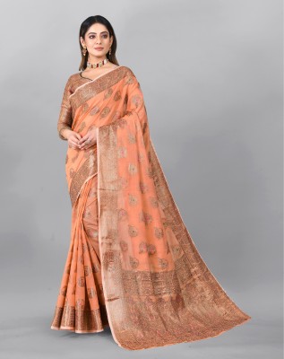 NIYAMI Printed, Self Design, Woven, Floral Print Banarasi Jacquard, Cotton Silk Saree(Orange)