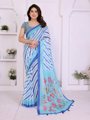 Moda Rapido Striped Bollywood Cotton Blend Saree(Blue)