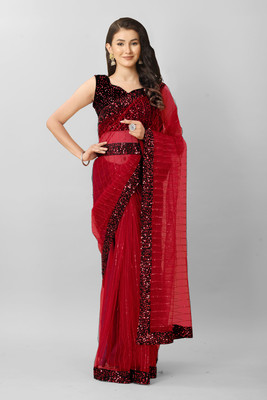 RUCHKET Embroidered Bollywood Net Saree(Maroon)