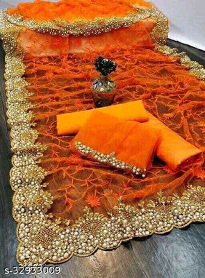 Zenomics Embroidered Bollywood Net Saree(Orange)