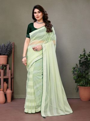 miracletex Striped Bollywood Net Saree(Light Green)