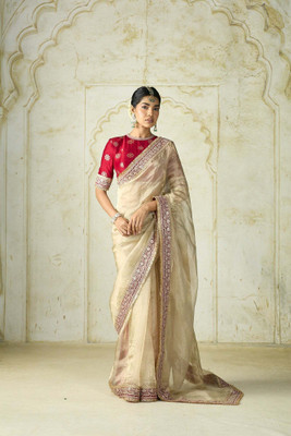 KV Fashion Embroidered Bollywood Net Saree(Cream)