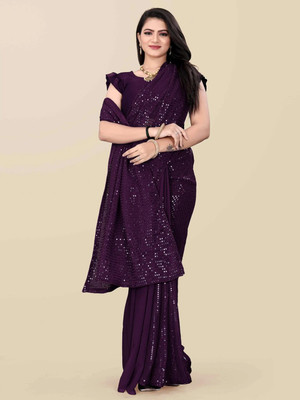 Nytra creation Embroidered Banarasi Georgette Saree(Purple)