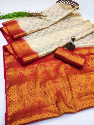 GALANI ENTERPRISE Printed Kanjivaram Pure Silk, Art Silk Saree(White, Multicolor)