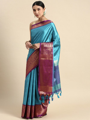 Julee Solid/Plain Banarasi Cotton Silk Saree(Light Blue)