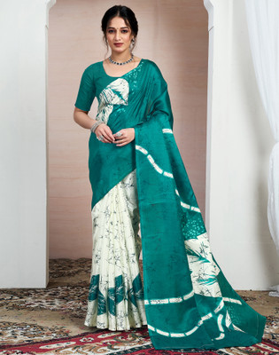 Samah Floral Print, Printed Daily Wear Cotton Blend Saree(Green)