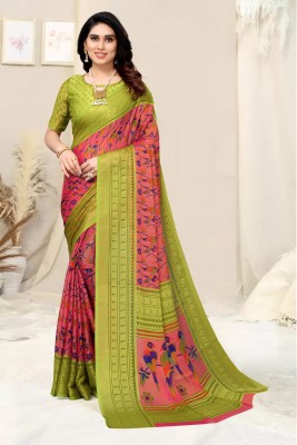 Divastri Floral Print Bollywood Chiffon, Brasso Saree(Pink, Green)