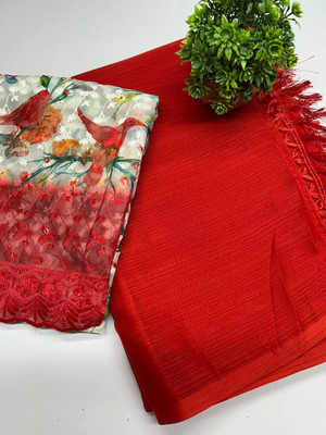 HouseOfCommon Digital Print, Solid/Plain Daily Wear Georgette Saree(Red)