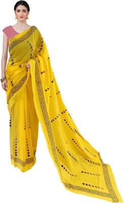 Cotton Mulmul Saree Hub Blocked Printed, Self Design, Dyed, Printed, Floral Print, Color Block Daily Wear Pure Cotton Saree(Yellow)