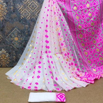DURGA TEXTILE Woven, Printed, Self Design, Embellished, Floral Print, Blocked Printed Jamdani Cotton Blend, Jacquard Saree(White)