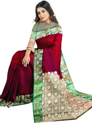Hozaifa Sarees Woven Banarasi Silk Blend Saree(Maroon)
