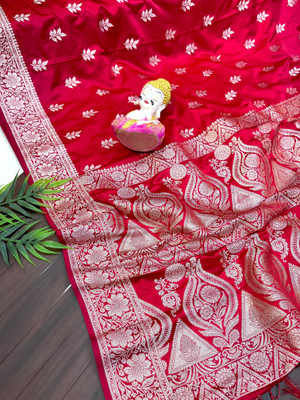 Shampas World Woven Saree with Attached Blouse Satin Saree(Red)