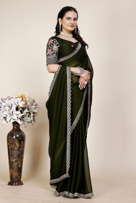 KONICA FAB Self Design, Solid/Plain, Embroidered Bollywood Chiffon Saree(Dark Green)